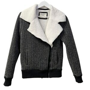 Abercrombie & Fitch Bomber Jacket Women's Small‎ Black White Tweed Sherpa L/S